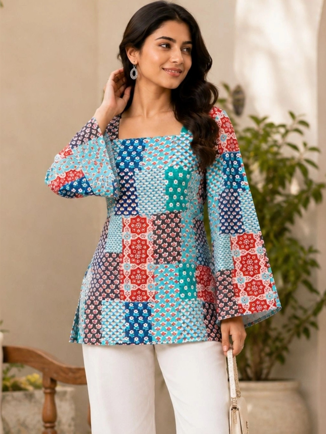 WineRed Ethnic Motifs Printed Square Neck Flared Sleeves Pure Cotton Kurti