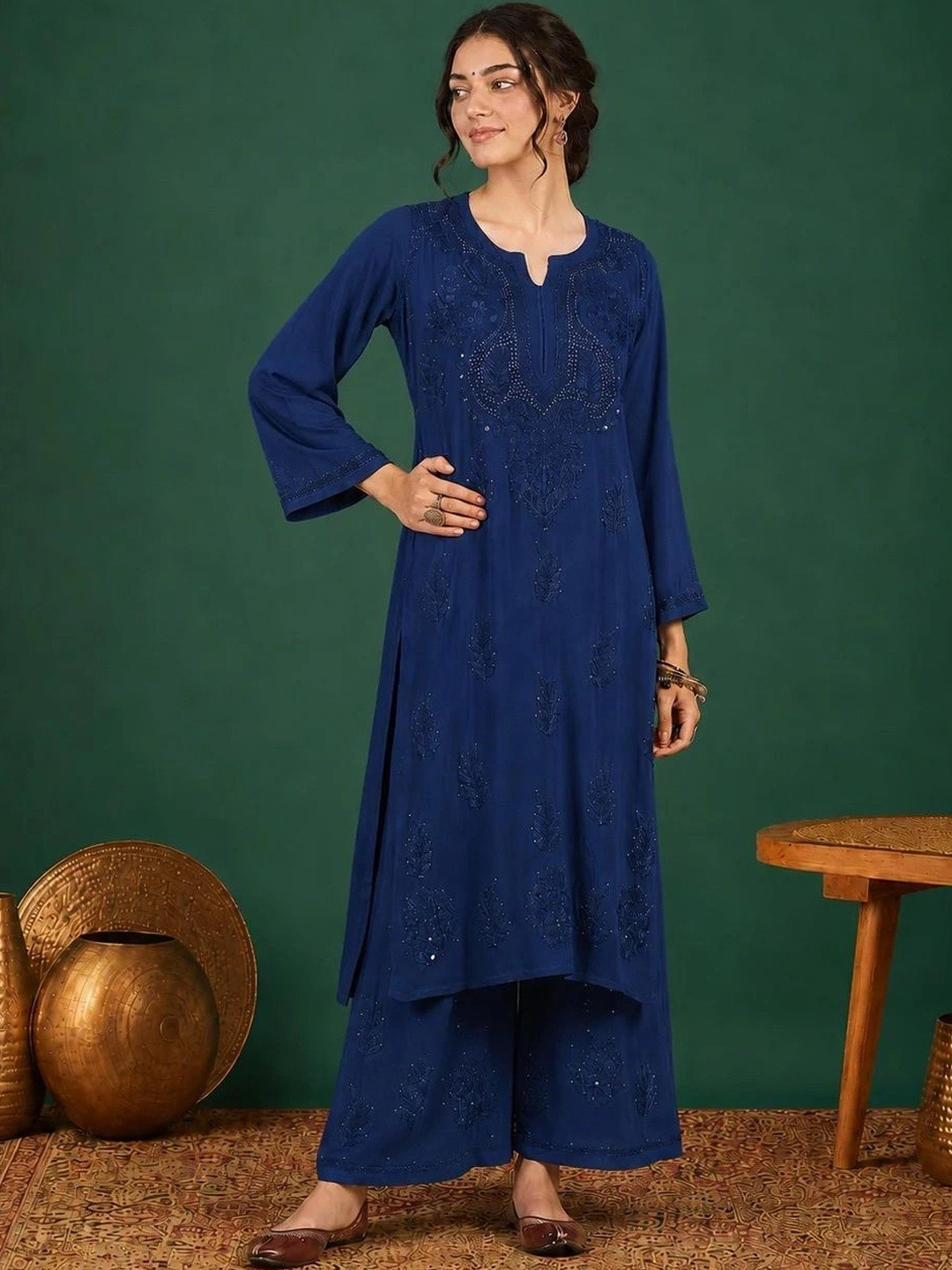 Poshak Chikan Studio Women Ethnic Motifs Embroidered Regular Thread Work Kurta with Palazzos