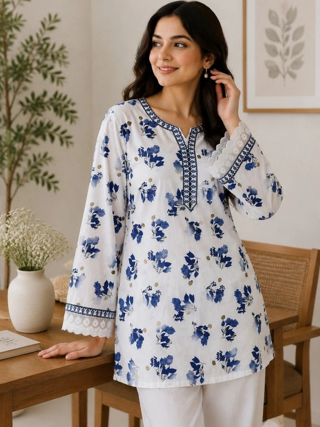 CHAFI COLLECTION Botanical Printed V-Neck Kurti