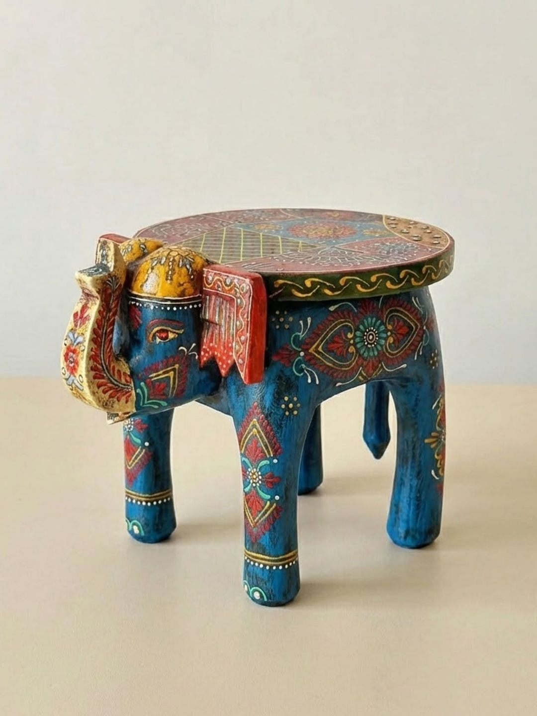 Atrangi Studio Blue Wooden Elephant Stool Showpiece