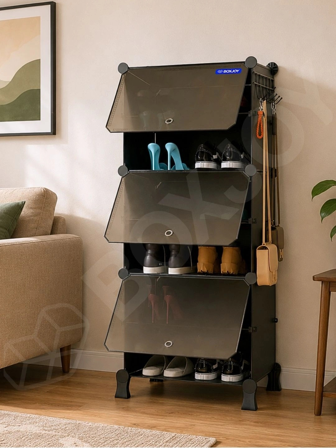 BOXJOY 6 Shelf Black Plastic Shoe Rack with Door Magnets Organizer For Home Storage