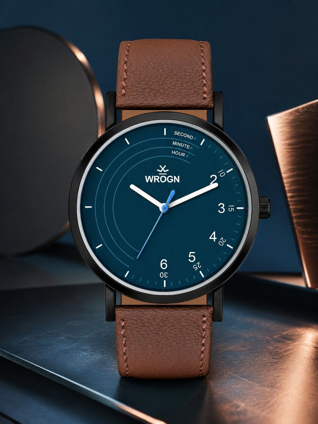 WROGN Men Brass Dial & Leather Straps Analogue Watch HOBWRG0604-BLUE