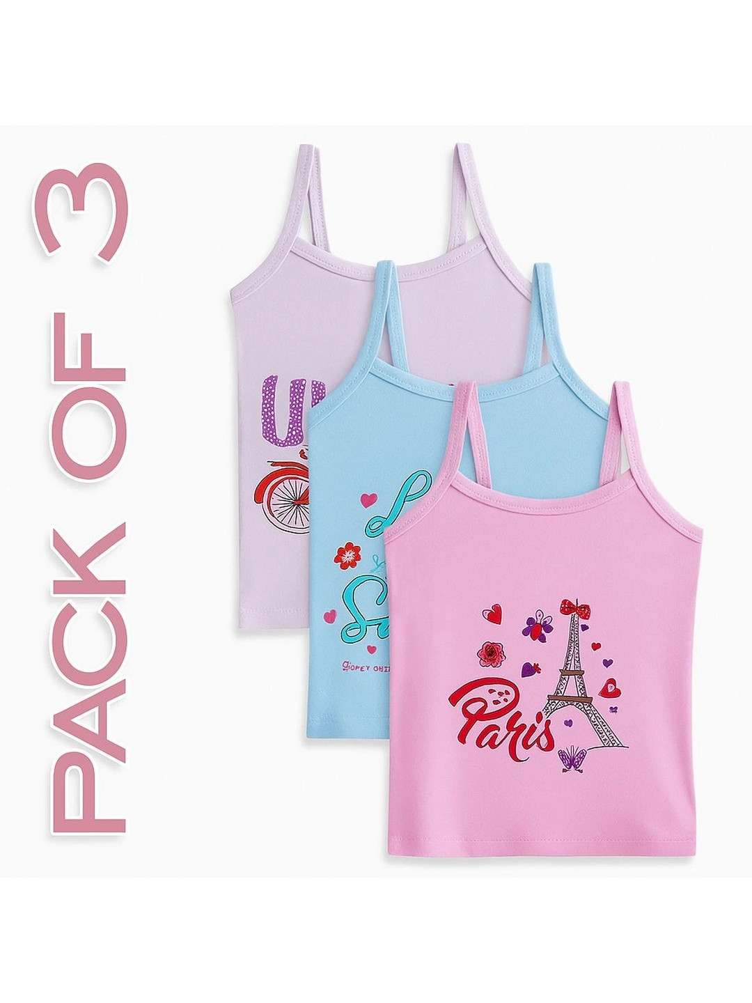 Mega style Girls Pack Of 3 Printed Pure Cotton Innerwear Vest