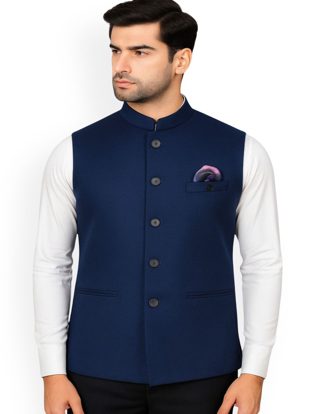 RISANI Men Mandarin Collar Neck Woven Nehru Jacket With Pocket Square