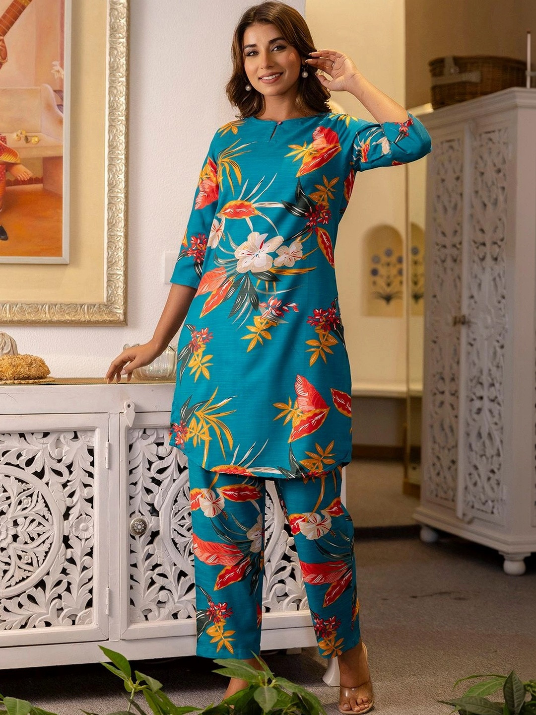 SKYLEE Floral Printed Teal Blue Cotton Blend Co Ords for Women
