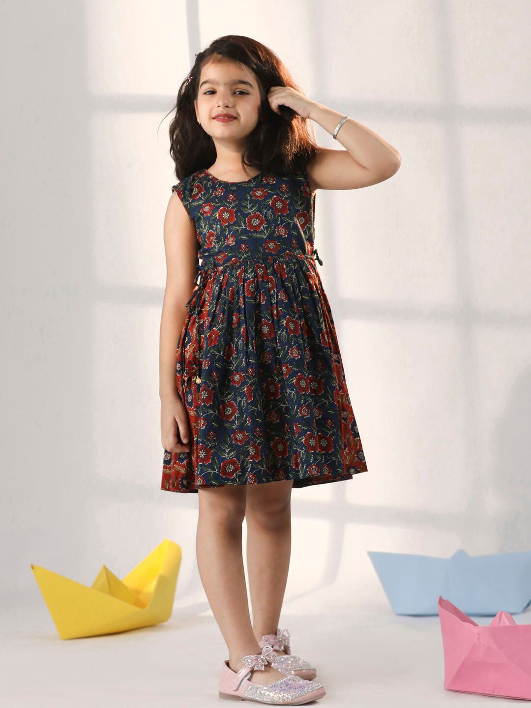 VASTRAMAY Girls Rust & Navy Blue Block Print Dress