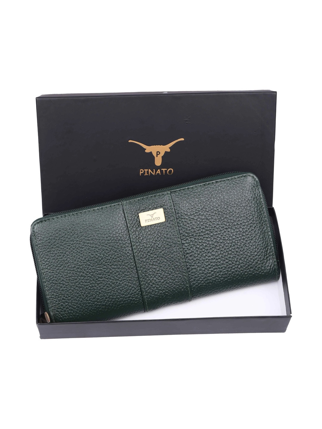 PINATO Women Dark Green Textured Clutch Bag with Zip Closure