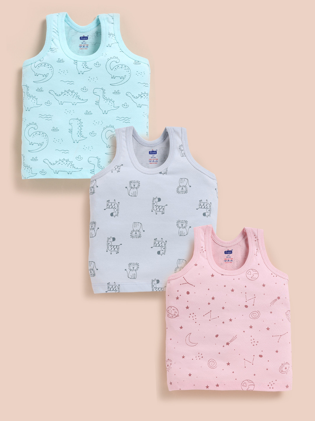 Simply Boys Pack of 3 Printed Pure Cotton Basic Vests