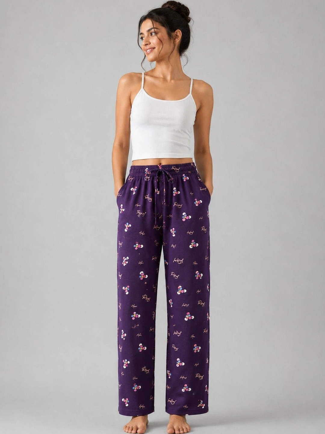 BLUWEEA Printed Cotton Mid-Rise Straight Lounge Pants