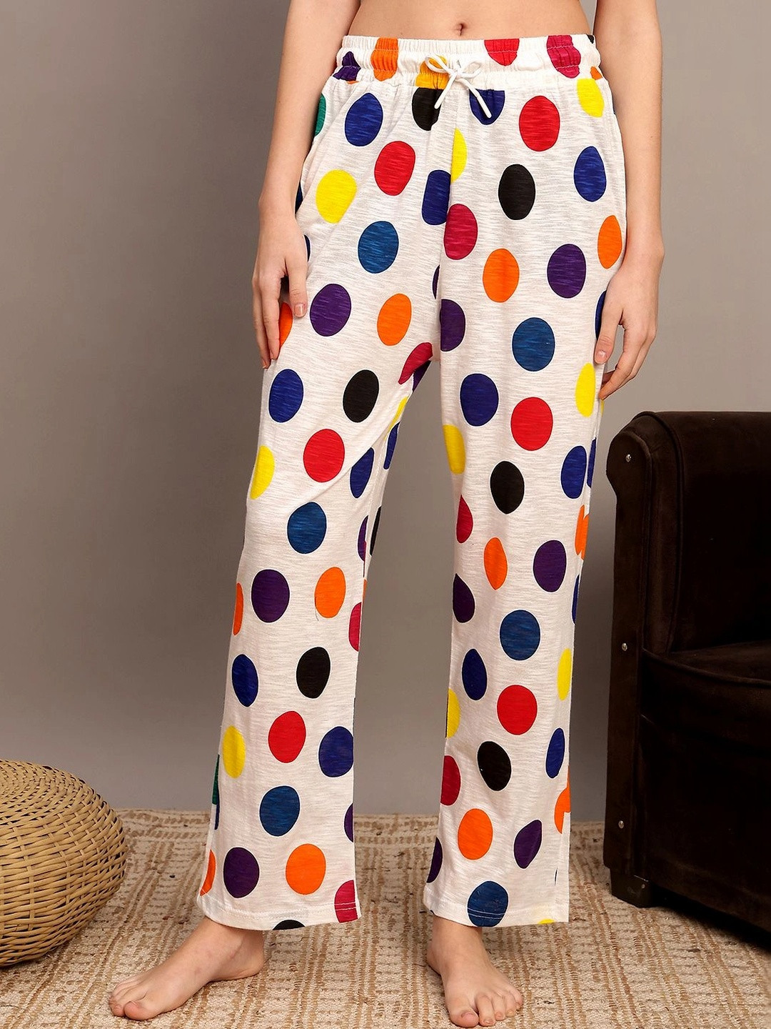 Valles365 by S.C. Polka Dot Printed Cotton Mid-Rise Straight Lounge Pants