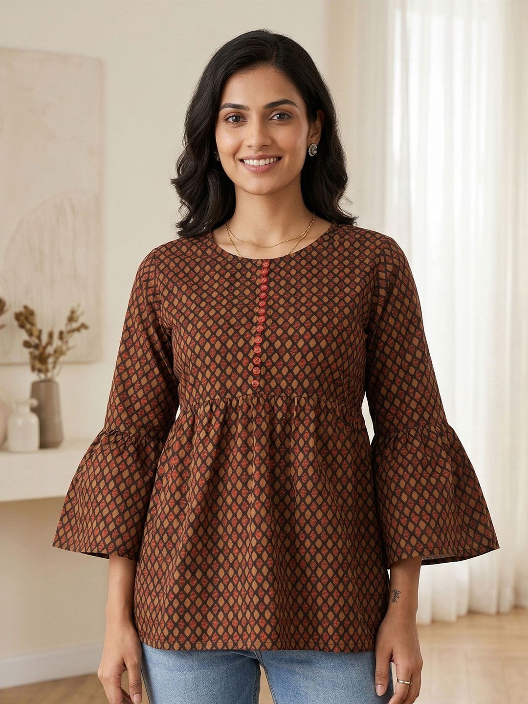 IKRASS Geometric Print Flared Sleeve Cotton Top