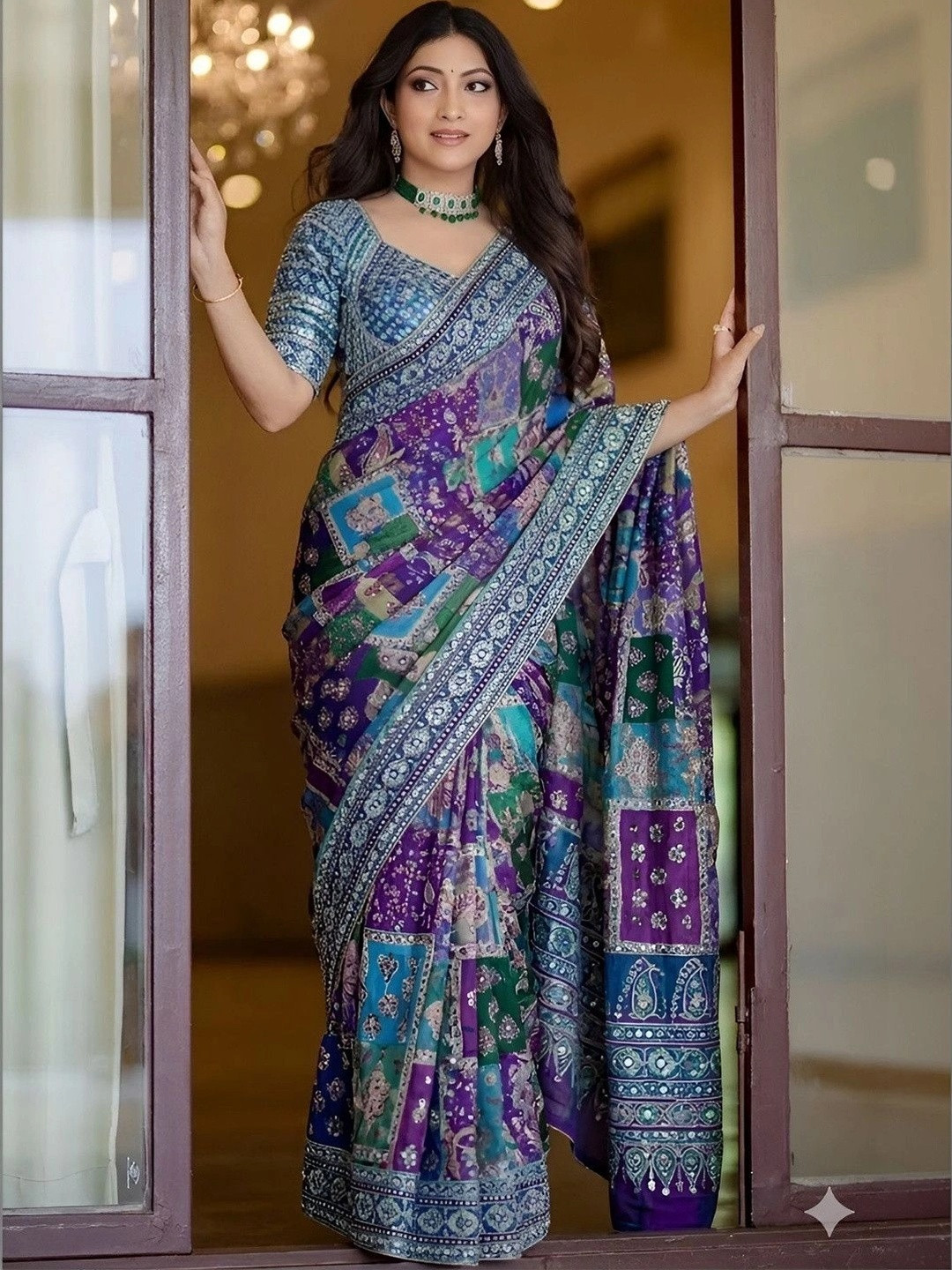 Tradivibe Embellished Mirror Work Silk Blend Saree