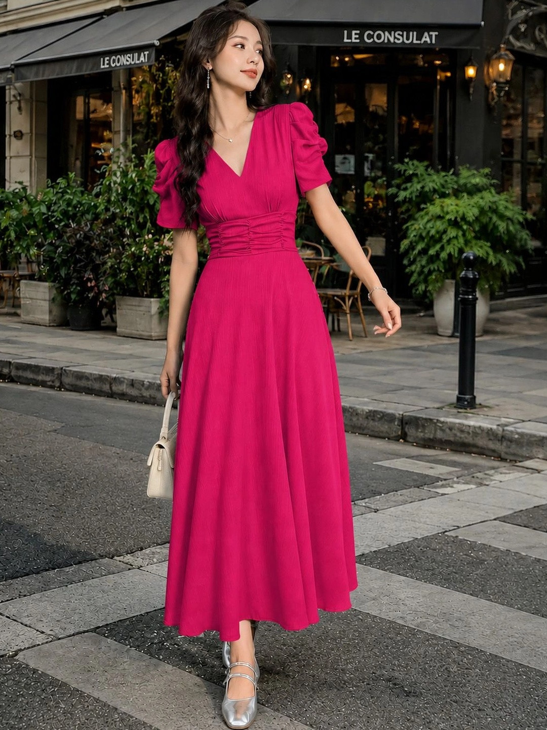 Tromko Puff Sleeve A-Line Midi Dress