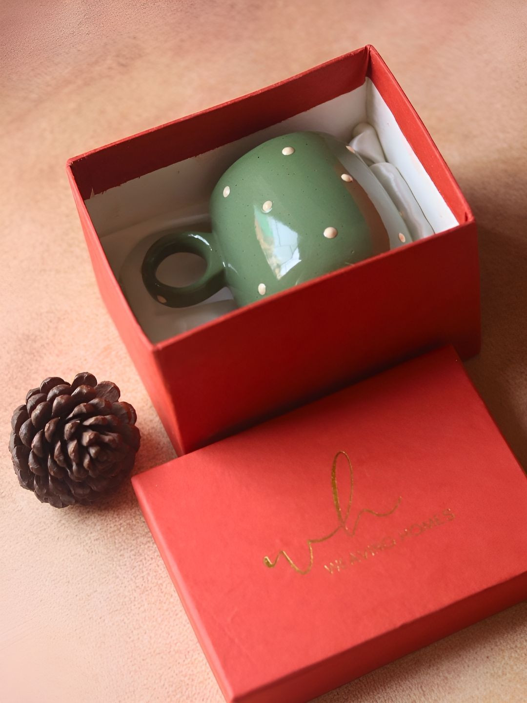 WEAVING HOMES Green Polka Dots Ceramic Handmade Mug-220ml