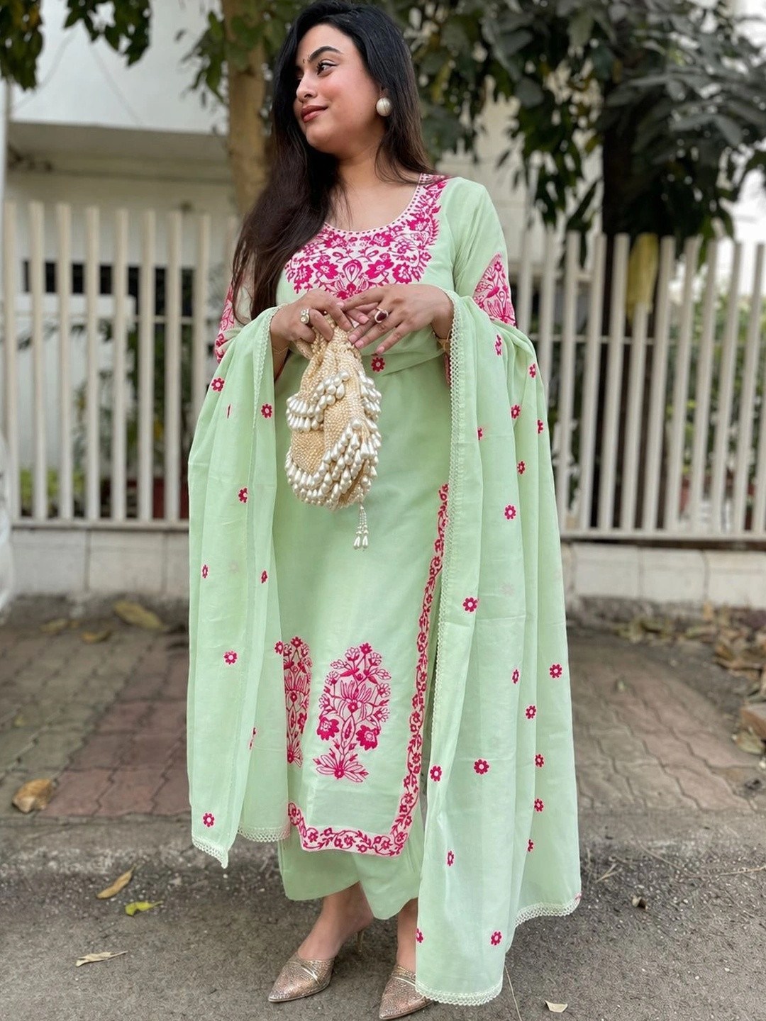 GoSriKi Women Embroidered Regular Kurta with Trousers & With Dupatta