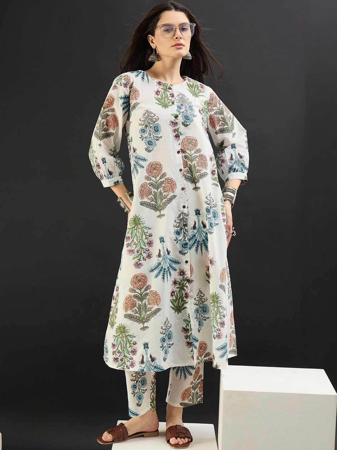 Indo Era Women Floral Printed Regular Pure Cotton Kurta with Trousers