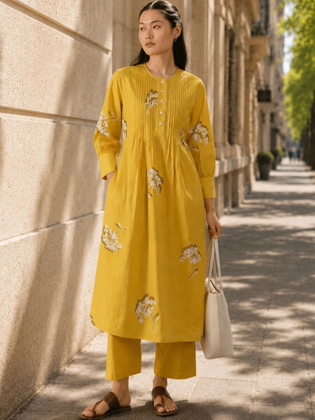 Pink Fort Floral A-Line Printed Pleated Kurta Trouser Set
