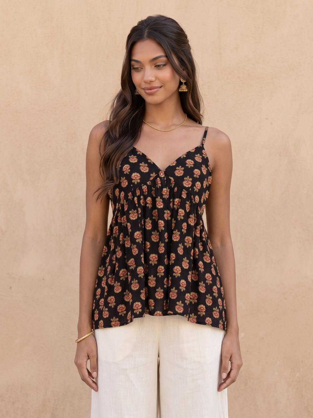 fusion by glitchez Floral Printed Shoulder Straps Gathers A-Line Top