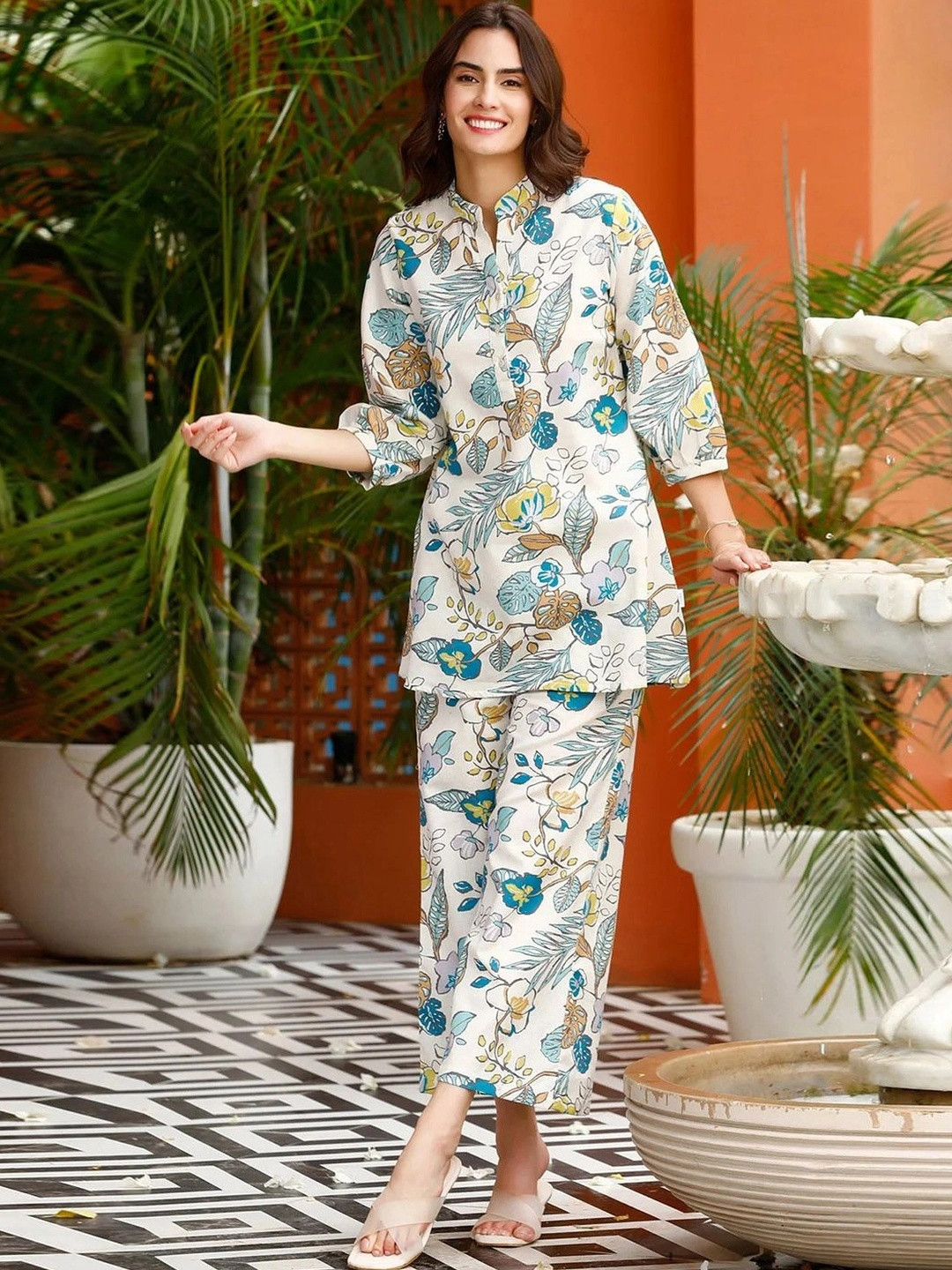 SKYLEE Digital Printed Off White Rayon Co Ords for Women
