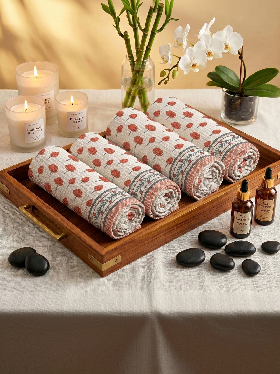 MAFATLAL 4Pcs White & Red Ethnic Printed Pure Cotton 250-GSM Skin Friendly Hand Towels