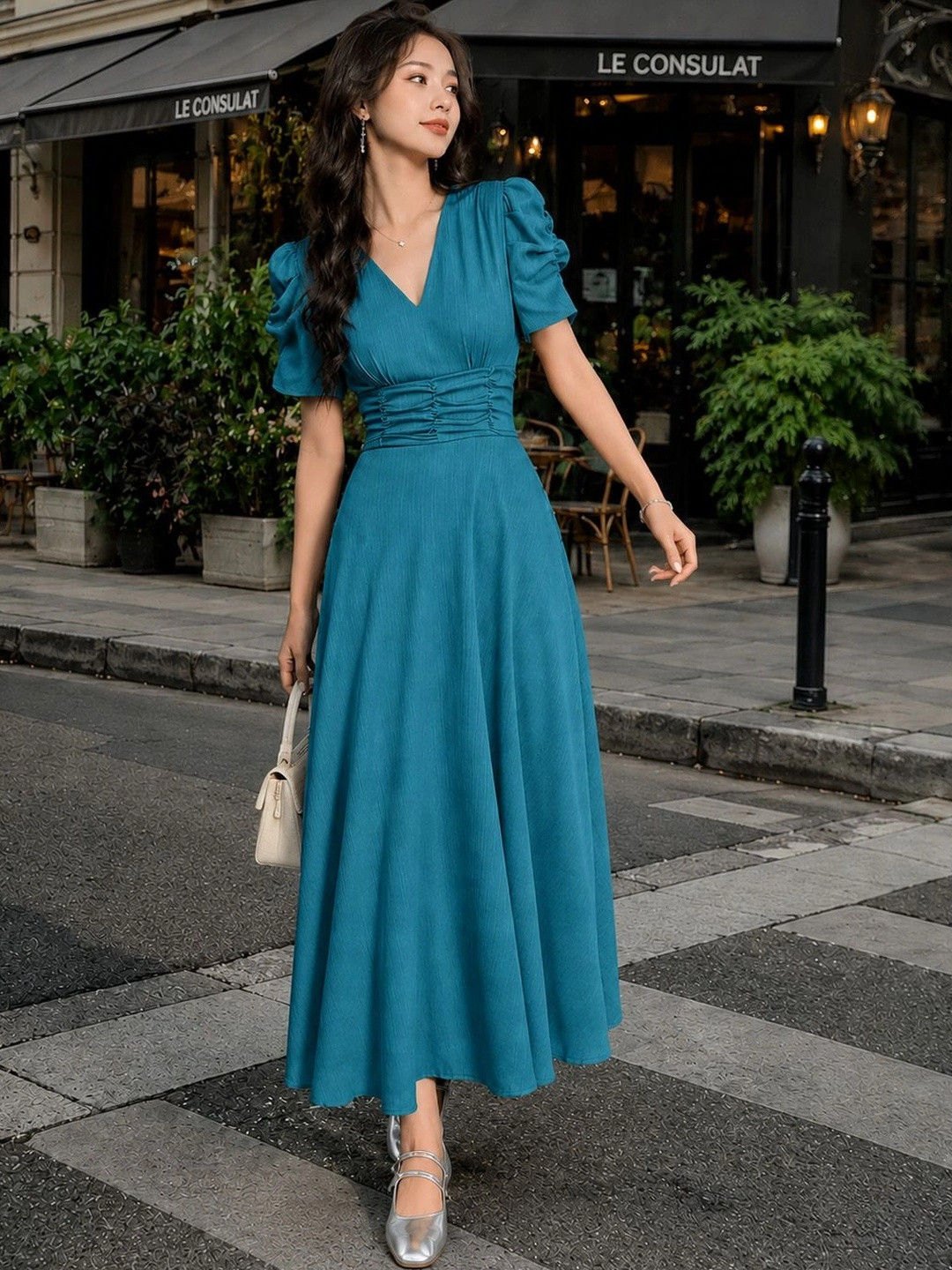 SZN Puff Sleeve A-Line Midi Dress