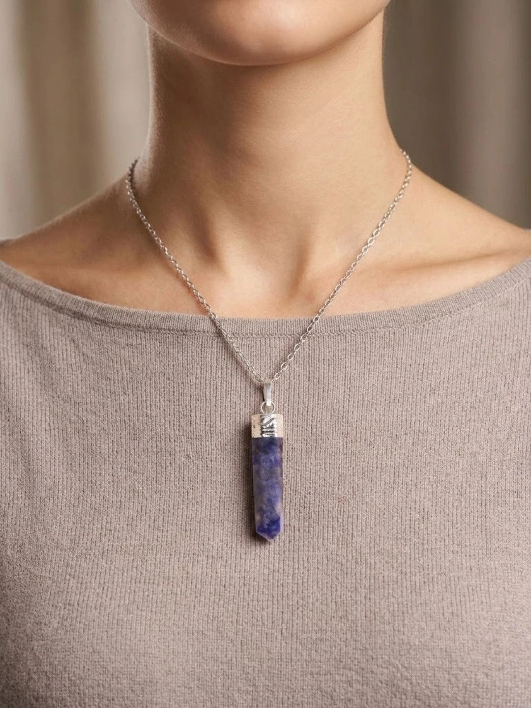 Shubhanjali Unisex Silver-Plated Sodalite Stone Studded Pencil Pendant