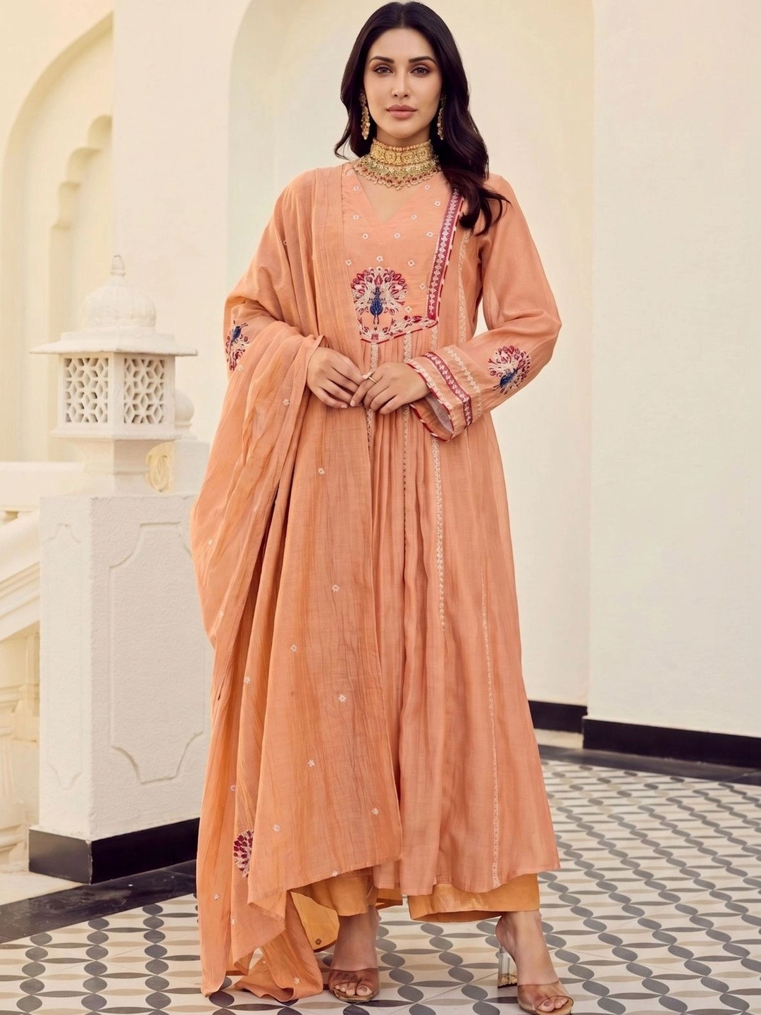 Royal Export Women Ethnic Motifs Embroidered Empire Thread Work Chanderi Silk Kurta with Trousers & With
