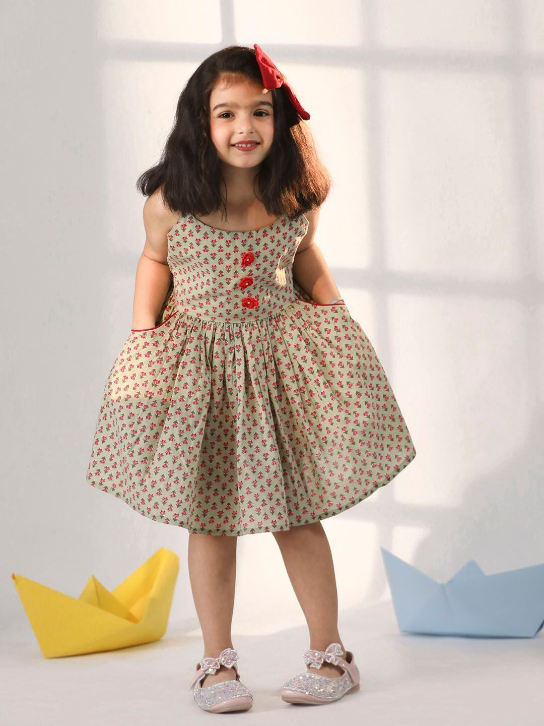 VASTRAMAY Girls Mint Green Block Print Dress