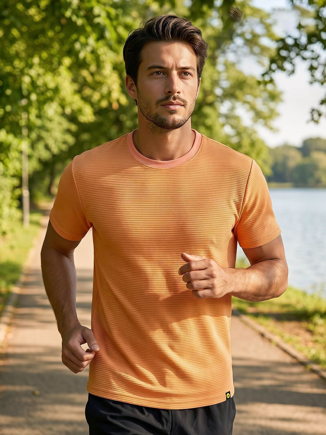 Beyoung Men Orange Jacquard Striped T-shirt