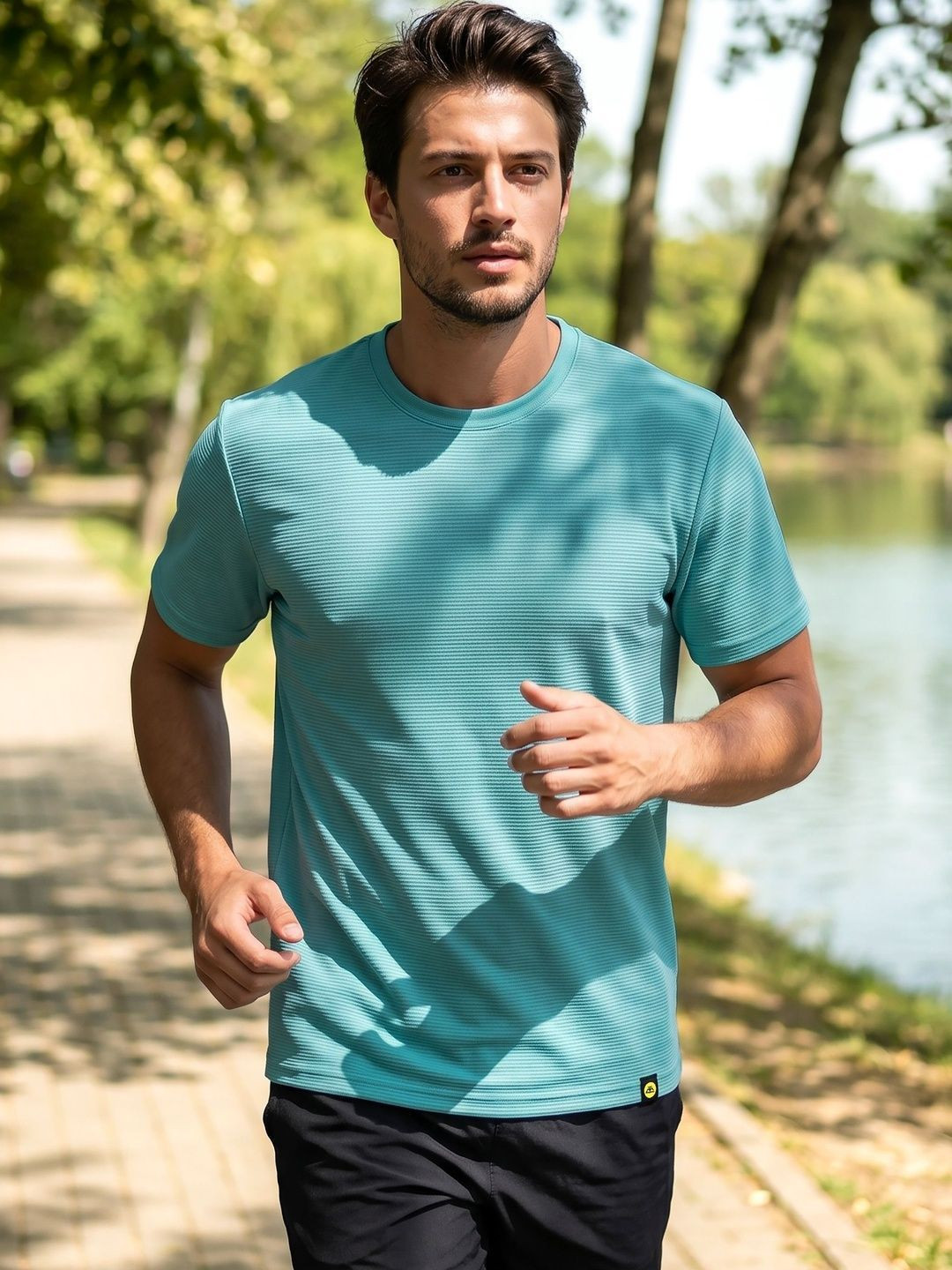 Beyoung Men Pool Blue Jacquard Striped T-shirt