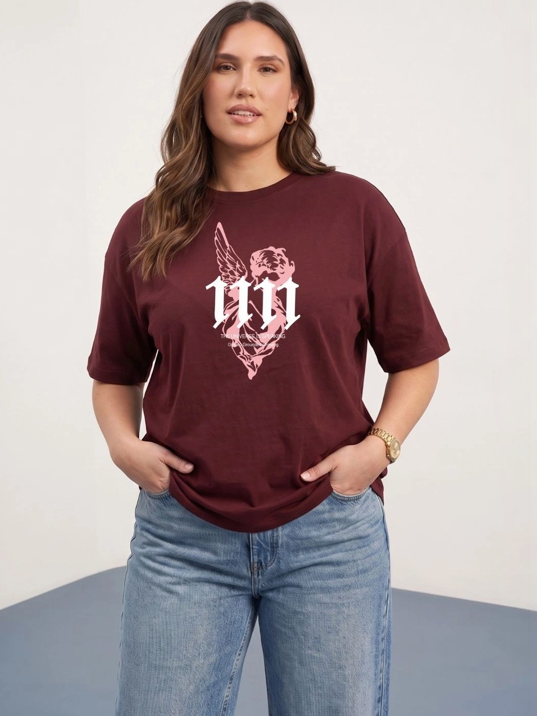 Toodle Plus Plus Size Women Printed Drop-Shoulder Sleeves T-shirt