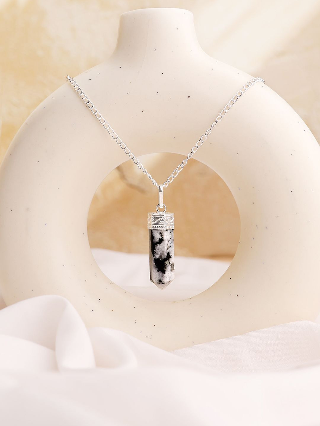 Shubhanjali Unisex Silver-Plated Rainbow Moonstone Studded Pencil Pendant