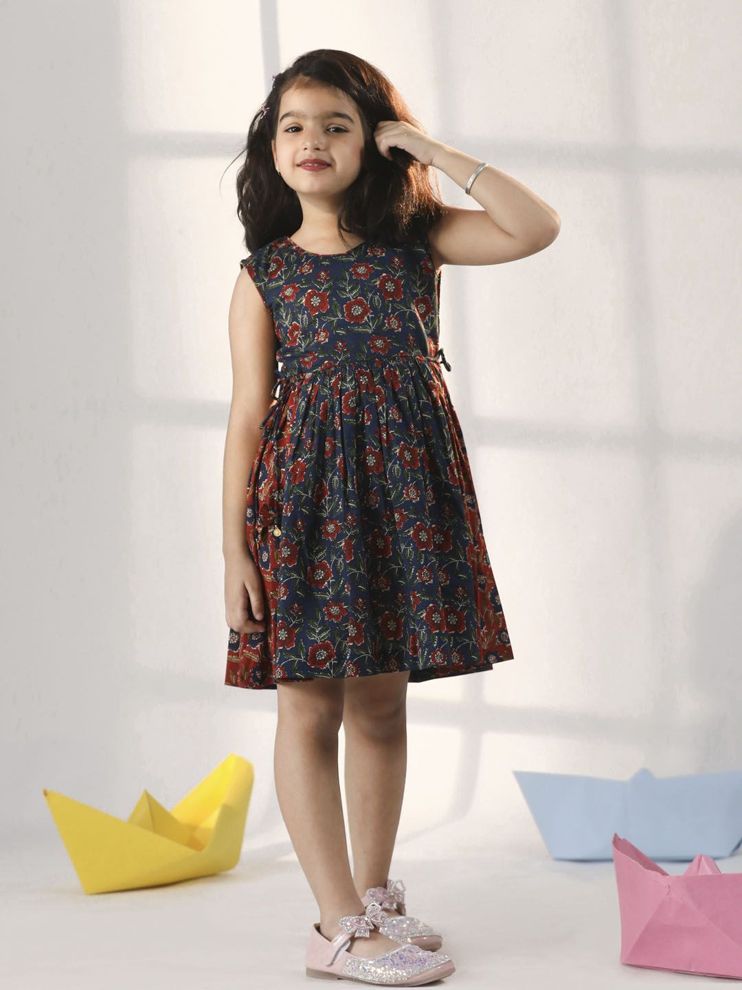 VASTRAMAY Girls Rust & Navy Blue Block Print Dress