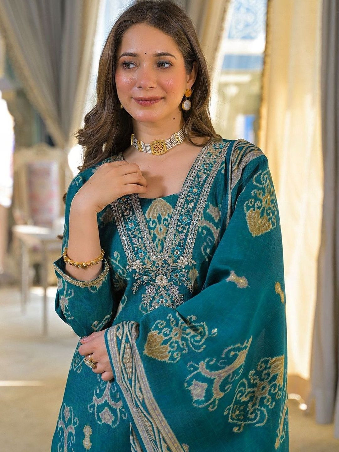 AHIKA Women Ethnic Motifs Printed Regular Sequinned Kurta with Trousers & With Dupatta