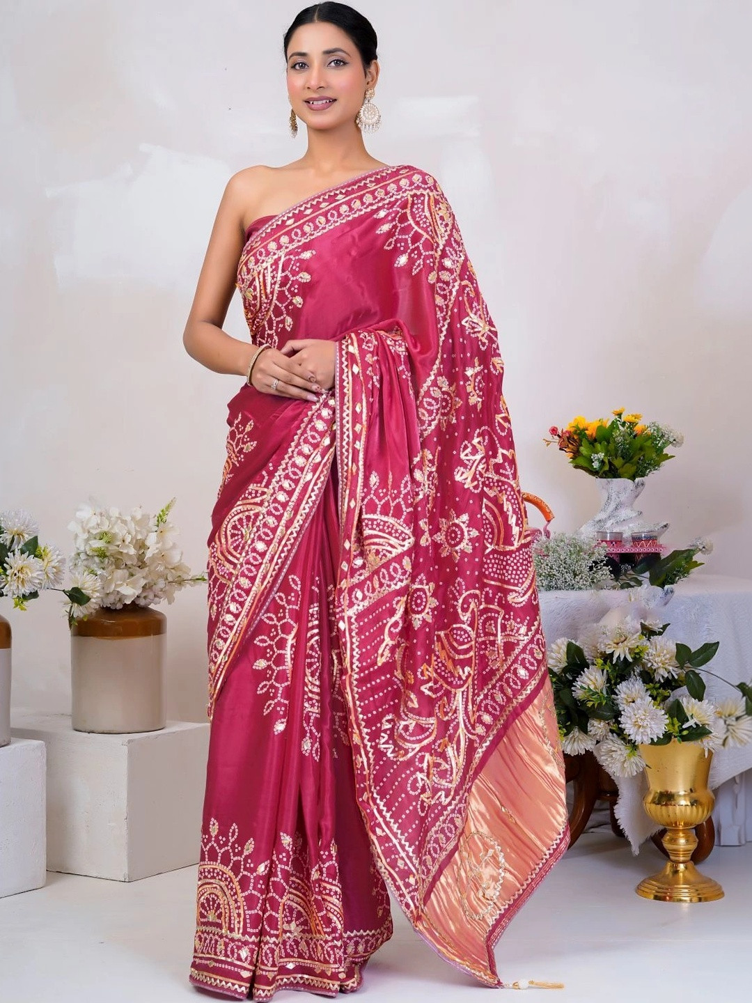 Geroo Luxe Pink Bandhani Silk Saree with Gota Patti Work