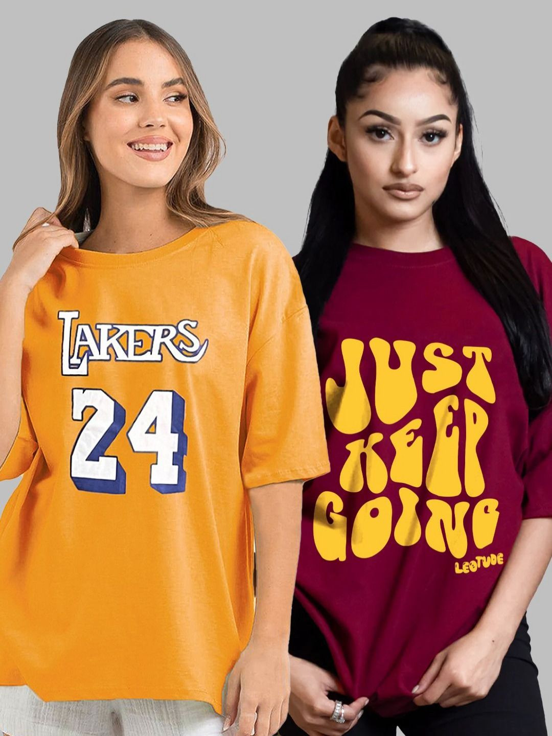 Leotude Women Pack Of 2 Typography Printed Round Neck Cotton Oversized T-shirts