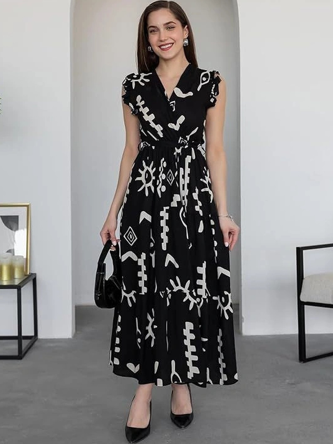 ROYALICA Print Ruffled Midi Dress
