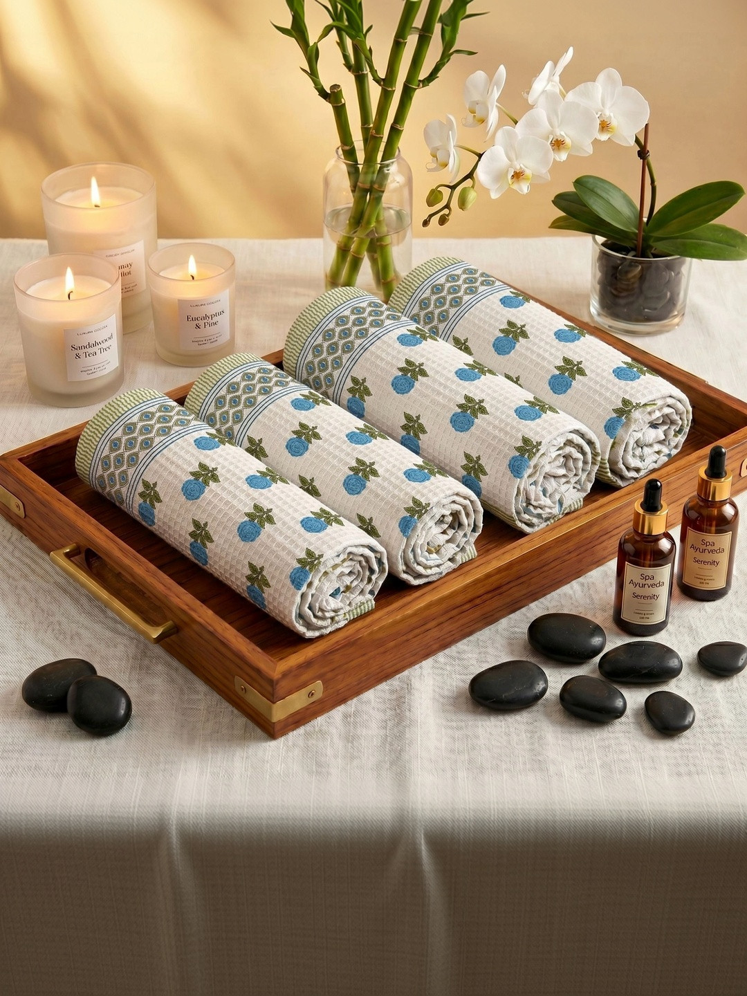 MAFATLAL 4Pcs White & Green Ethnic Printed Pure Cotton 250-GSM Skin Friendly Hand Towels