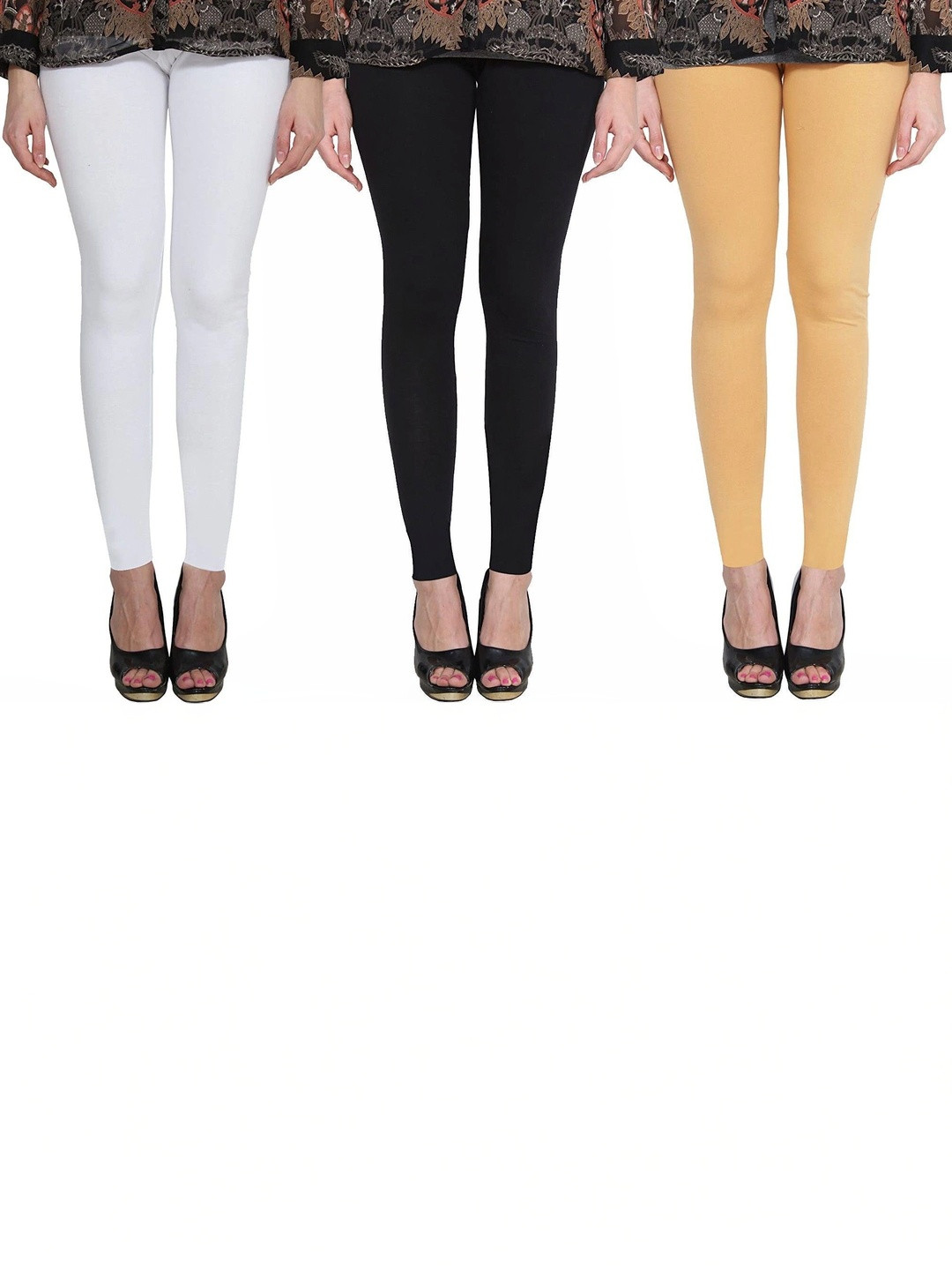 Hookspin Women Beige White Cotton Pack of 3 Leggings