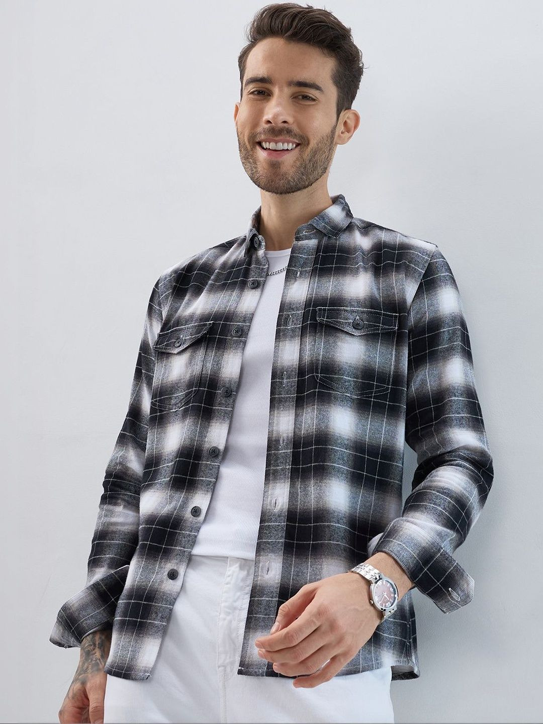 Buy VASTRADO Men Black Silver Plaid Checked Double Pocket Classic Casual Shirt - - Apparel for Men