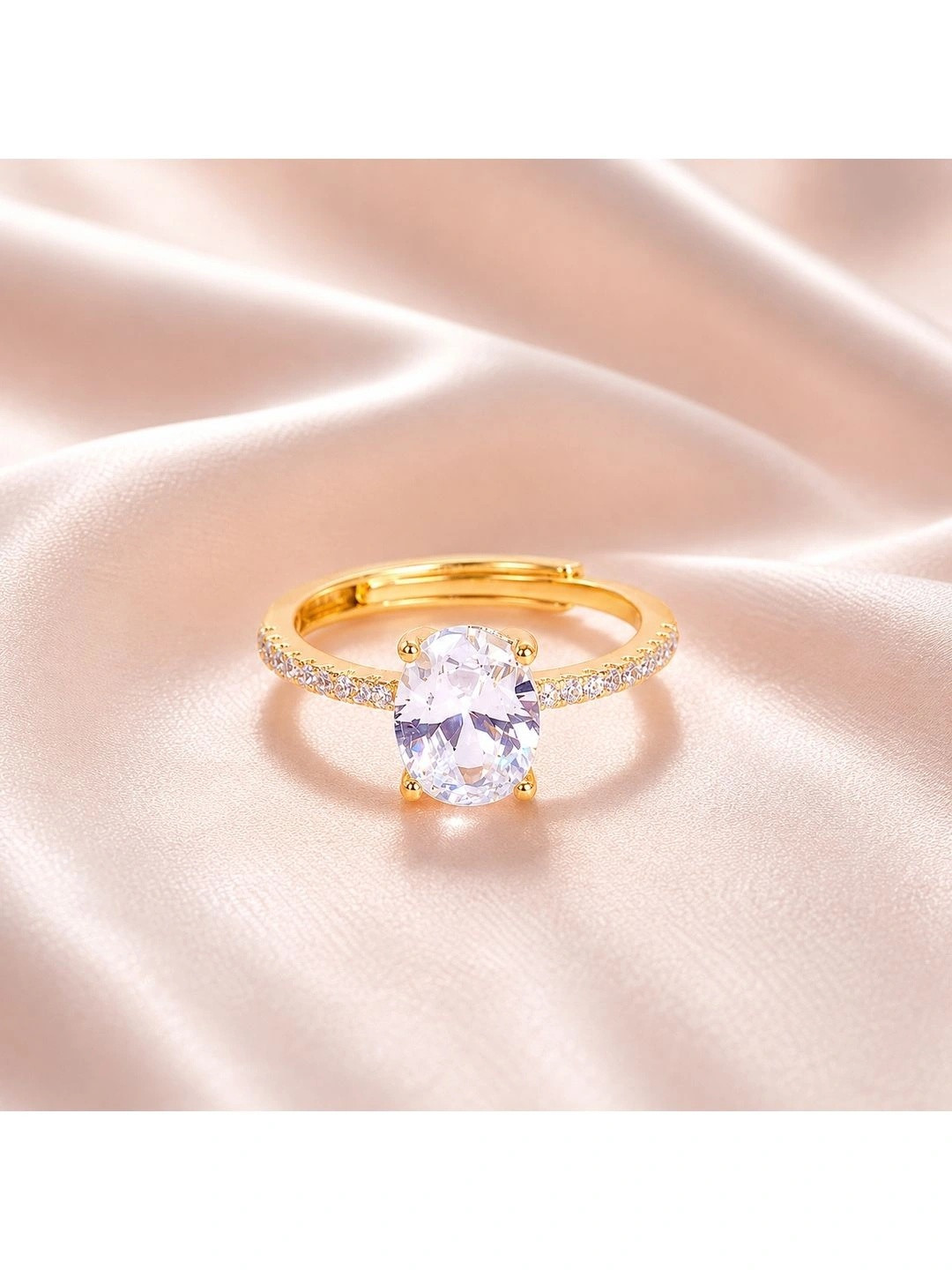 SALTY Golden Oval-Cut American Diamond Studded Ring For Women & Girls