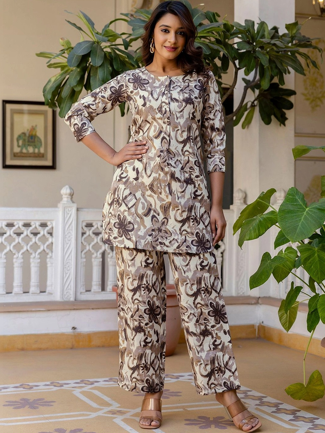 SKYLEE Printed Biege Cotton Blend Co Ords for Women