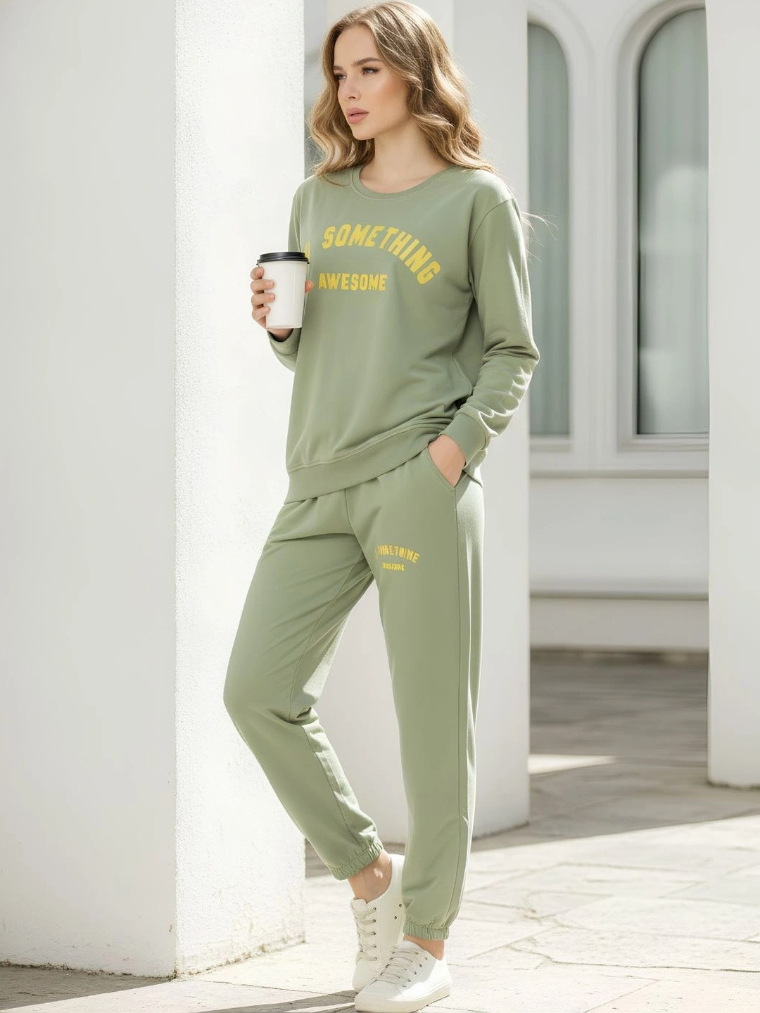 WEET Typography Printed Sweatshirt With Joggers Cotton Tracksuit Set