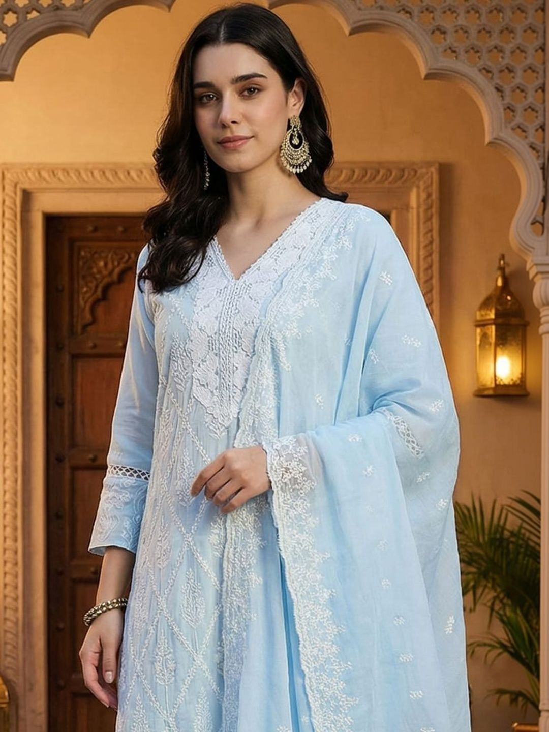 Indo Era Women Ethnic Motifs Embroidered Regular Thread Work Pure Cotton Kurta with Trousers & With Dupatta