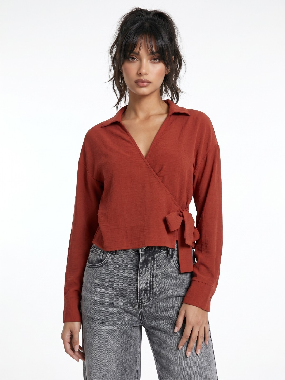 glitchez Shirt Collar Wrap Crop Top