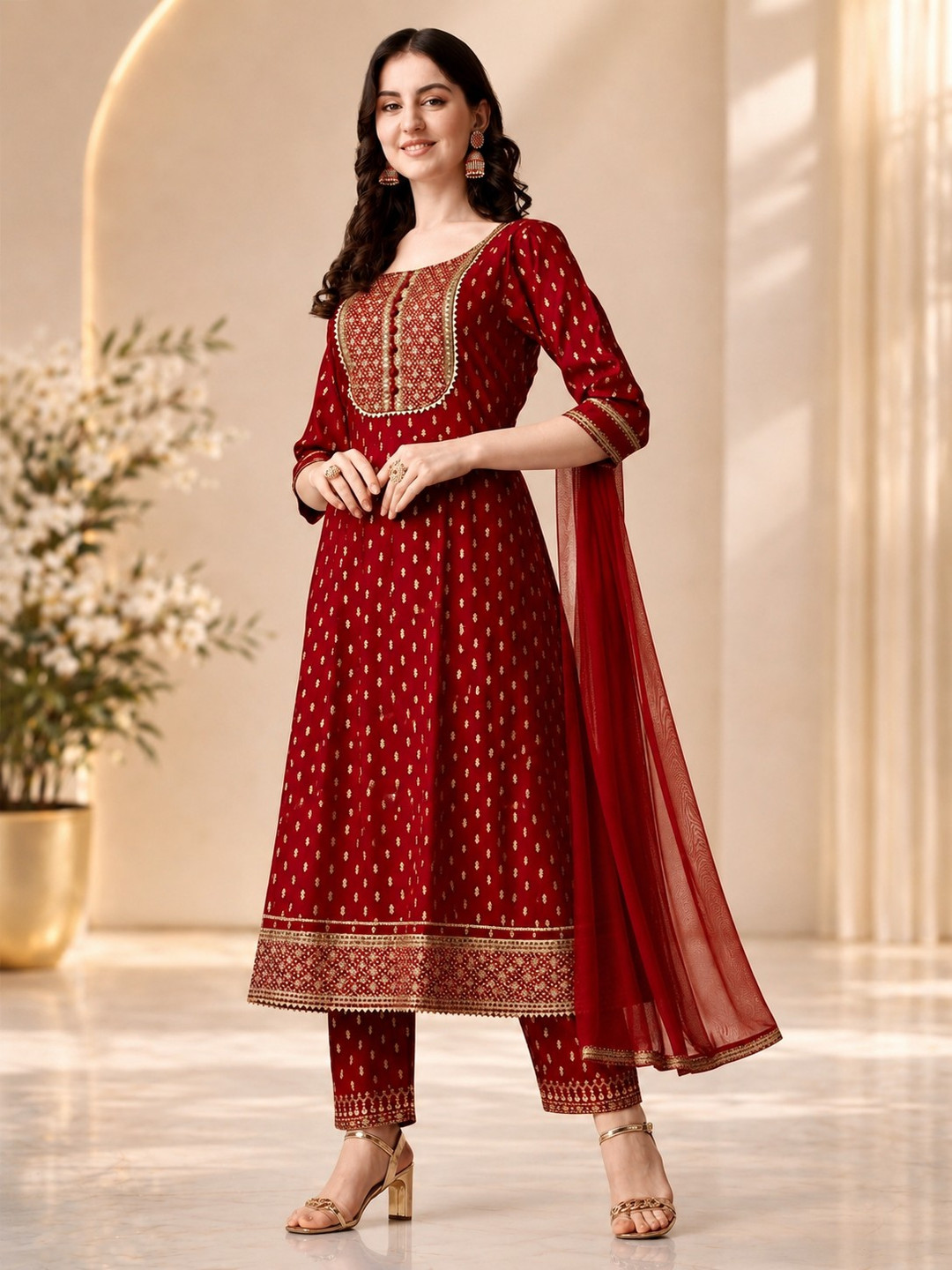 QUEENSFAB Ethnic Motifs Printed Empire Thread Work Kurta with Trousers & With Dupatta