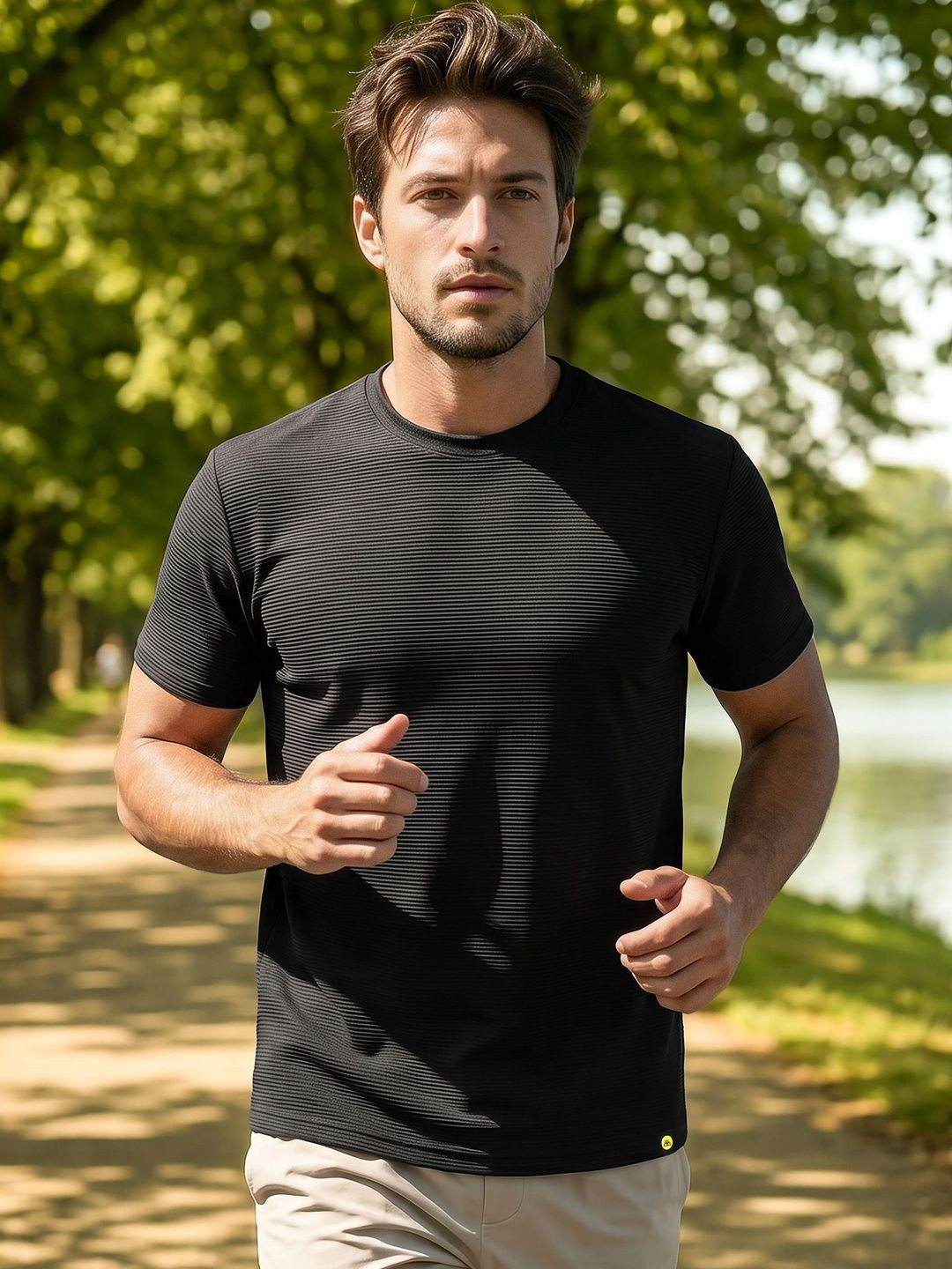 Beyoung Round Neck Black Jacquard Striped Regular Fit T-shirt