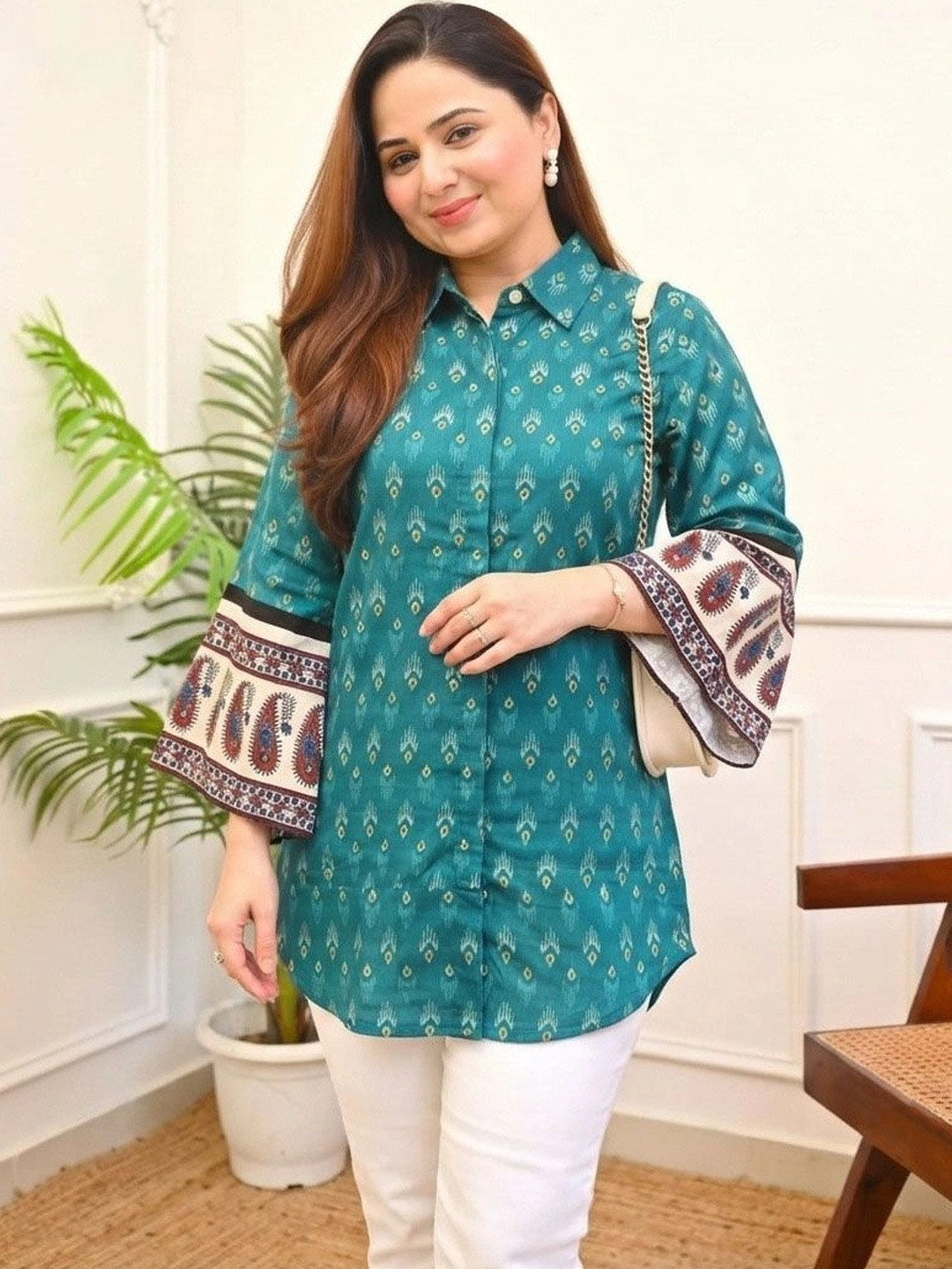 RR SA KURTIS Print Flared Sleeve Ethnic Cotton Blend Top
