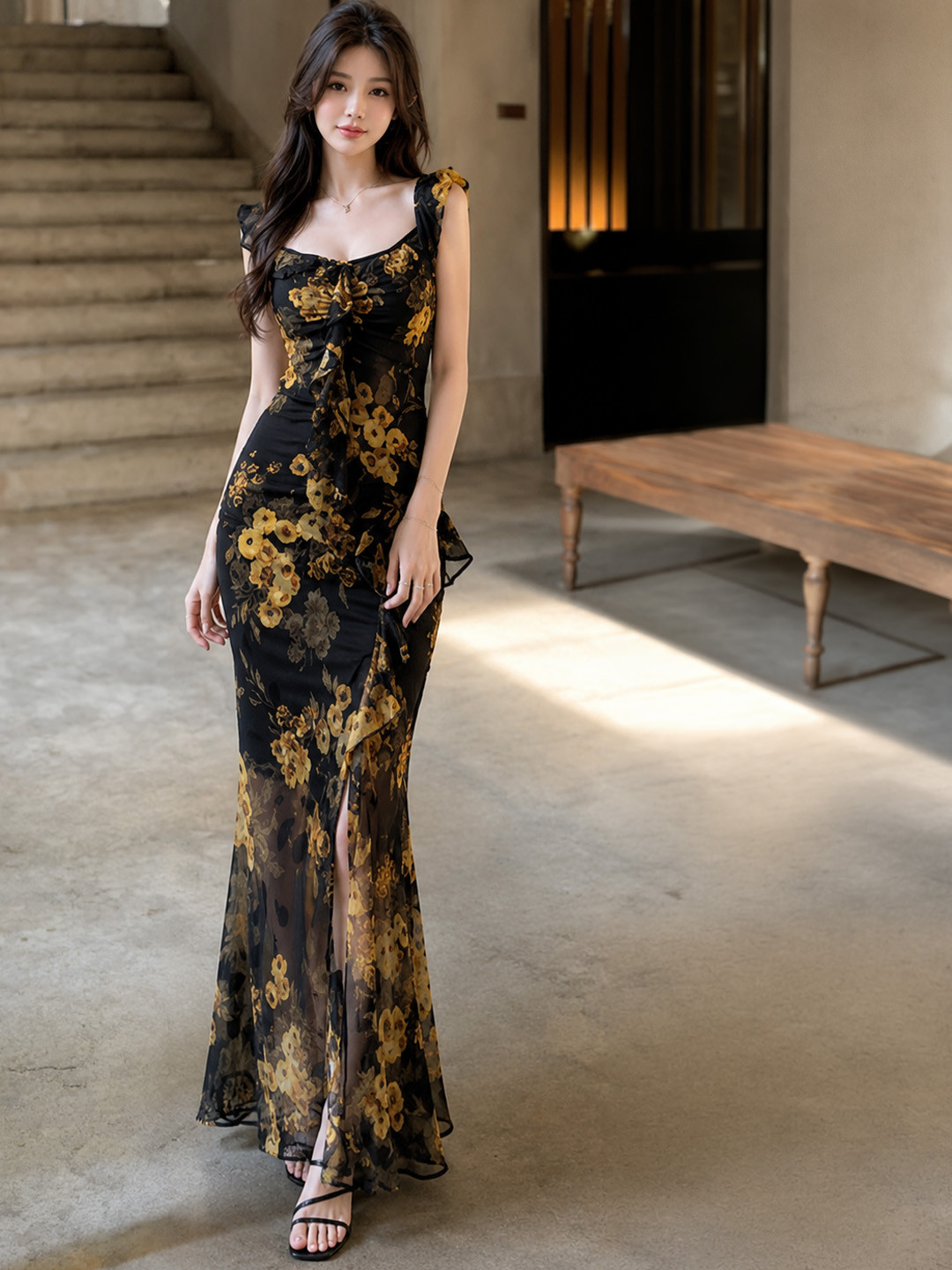Suo Floral Print Ruffled Crepe Bodycon Maxi Dress