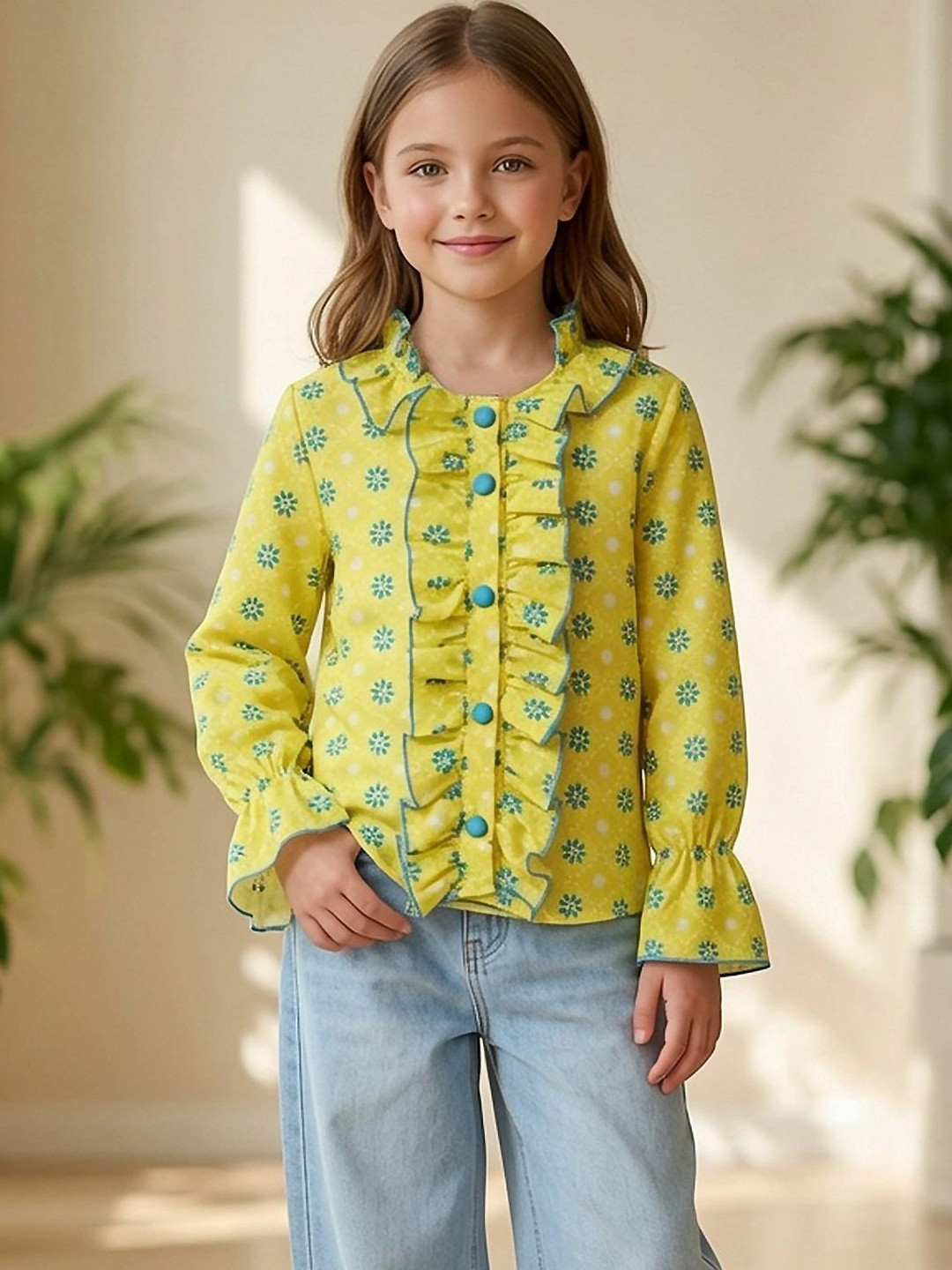 Cutiekins Floral Print Flared Sleeve Ruffles Top